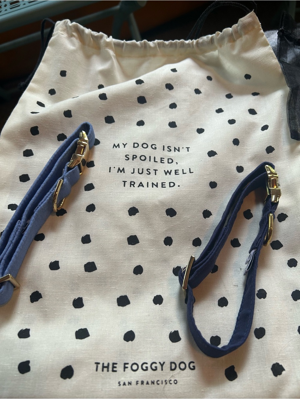 2 The Foggy Dog Adjustable Dog Collars - Navy and light blue. Small